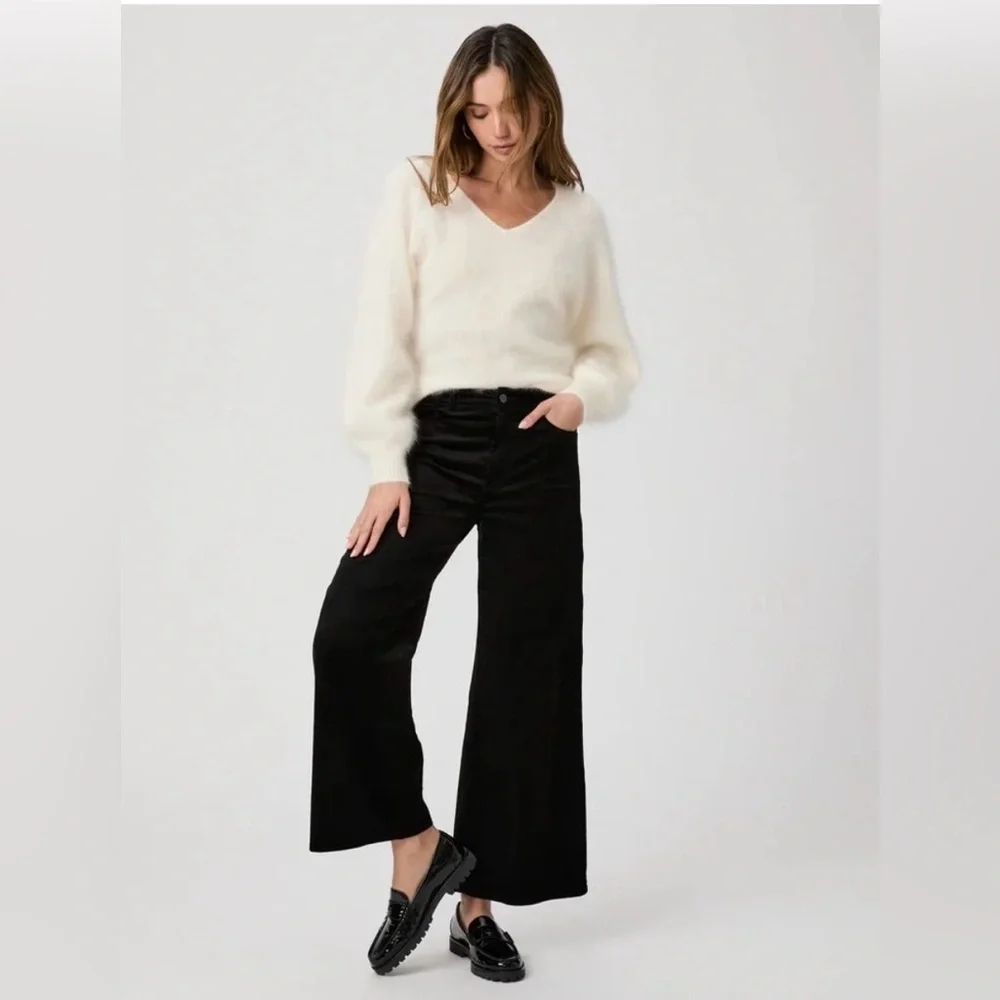 Paige Nellie Wide Leg Cropped Ankle Black Overdye Denim Jeans